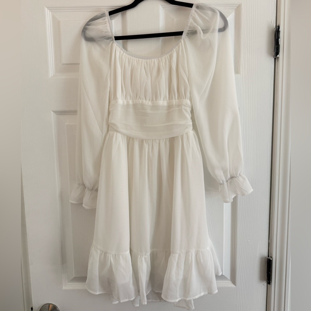White Sheer Long Sleeve Smocked Waist Dress open tie back size M NWT